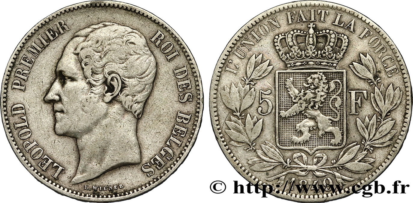 BELGIEN 5 Francs Léopold Ier tête nue 1849  fSS 