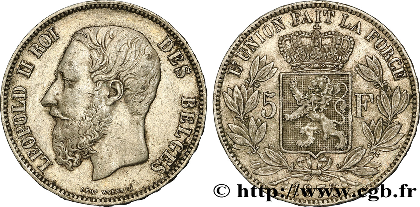 BELGIO 5 Francs Léopold II 1875  q.BB 
