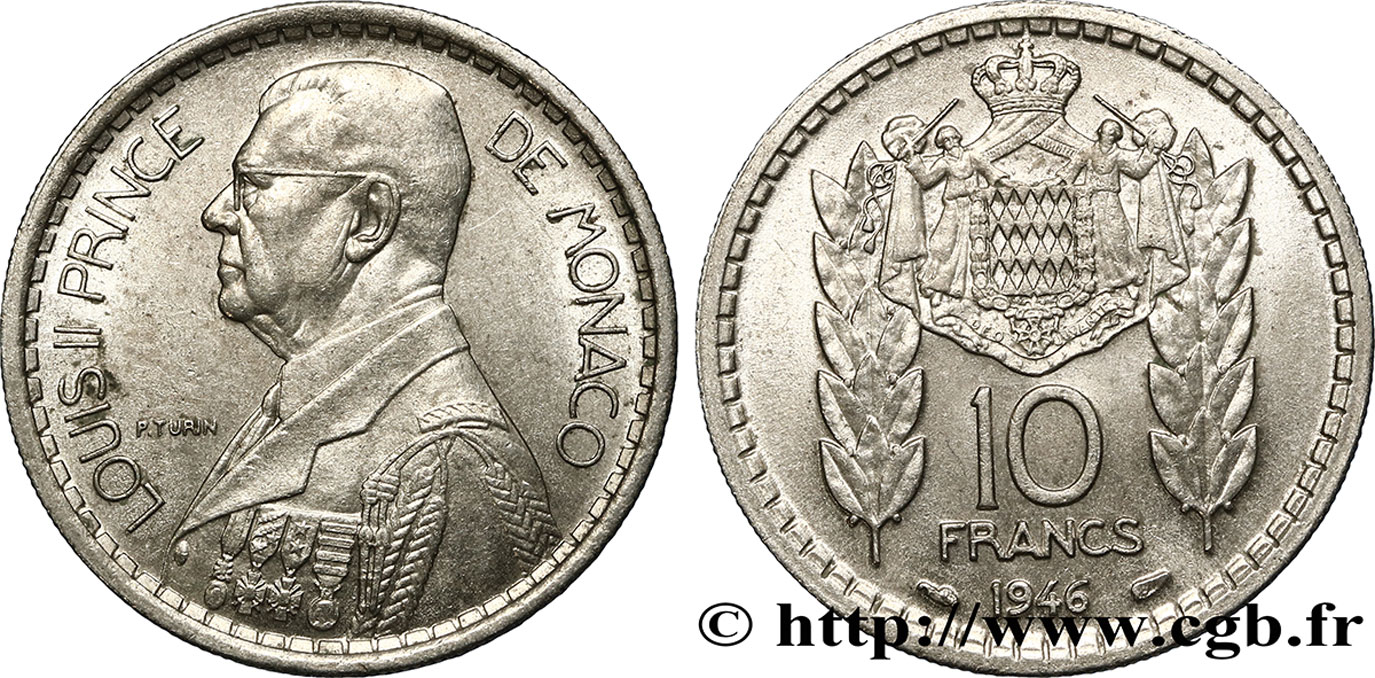 MONACO 10 Francs Louis II 1946 Paris SPL 