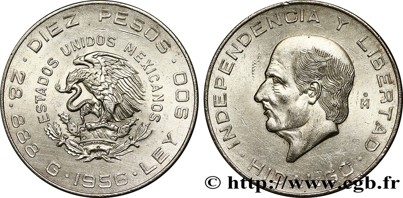 MEXICO 10 Pesos Miguel Hidalgo y Costilla 1956 Mexico AU 