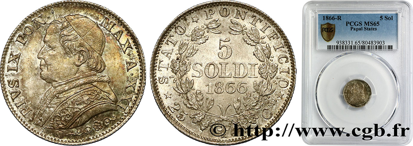 ITALY - PAPAL STATES - PIUS IX (Giovanni Maria Mastai Ferretti) 5 Soldi an XXI 1866 Rome MS65 PCGS