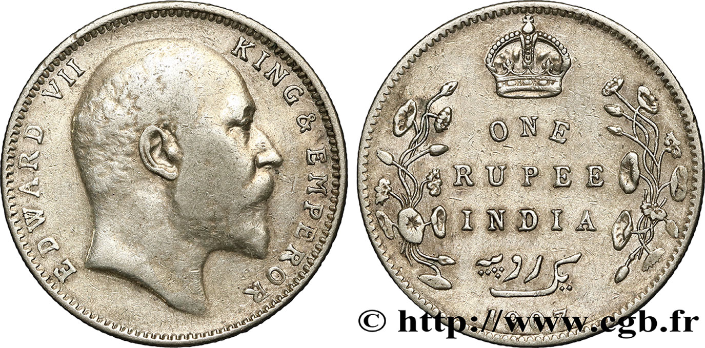 BRITISH INDIA 1 Rupee (Roupie) Edouard VII 1907 Calcutta XF 