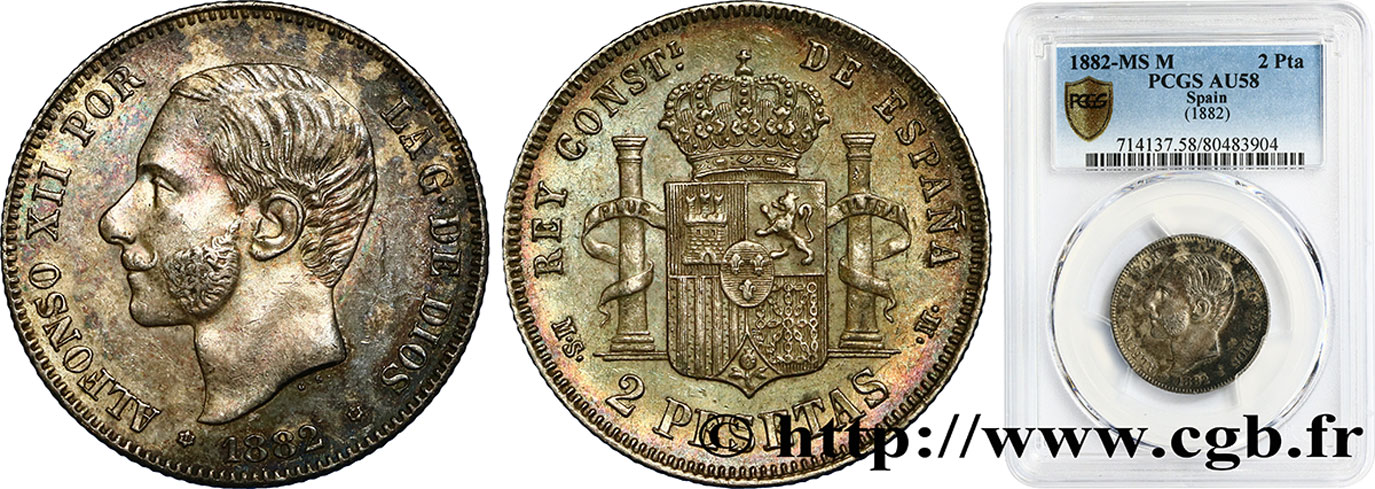 SPAIN 2 Pesetas Alphonse XII 1882  AU58 PCGS