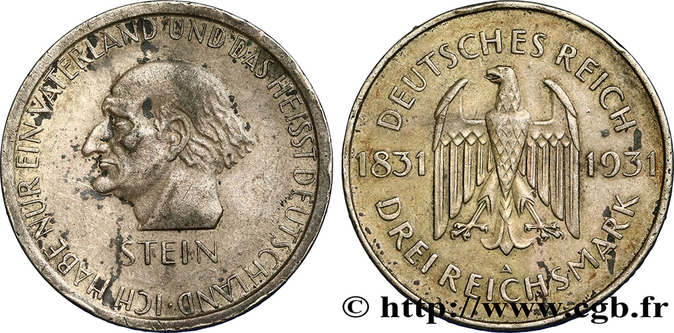 GERMANIA 3 Reichsmark Heinrich Friedrich Karl vom Stein 1931 Berlin q.SPL 
