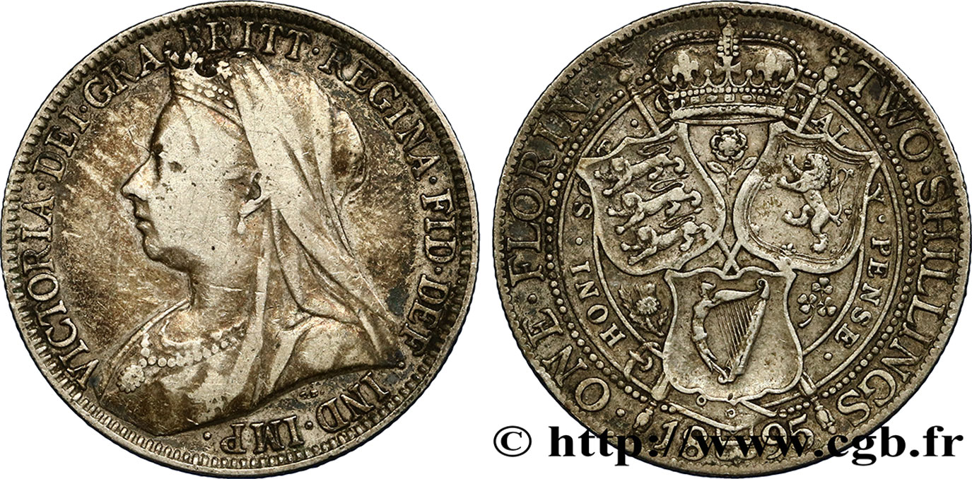 UNITED KINGDOM 1 Florin Victoria “Old Head” 1895  VF 