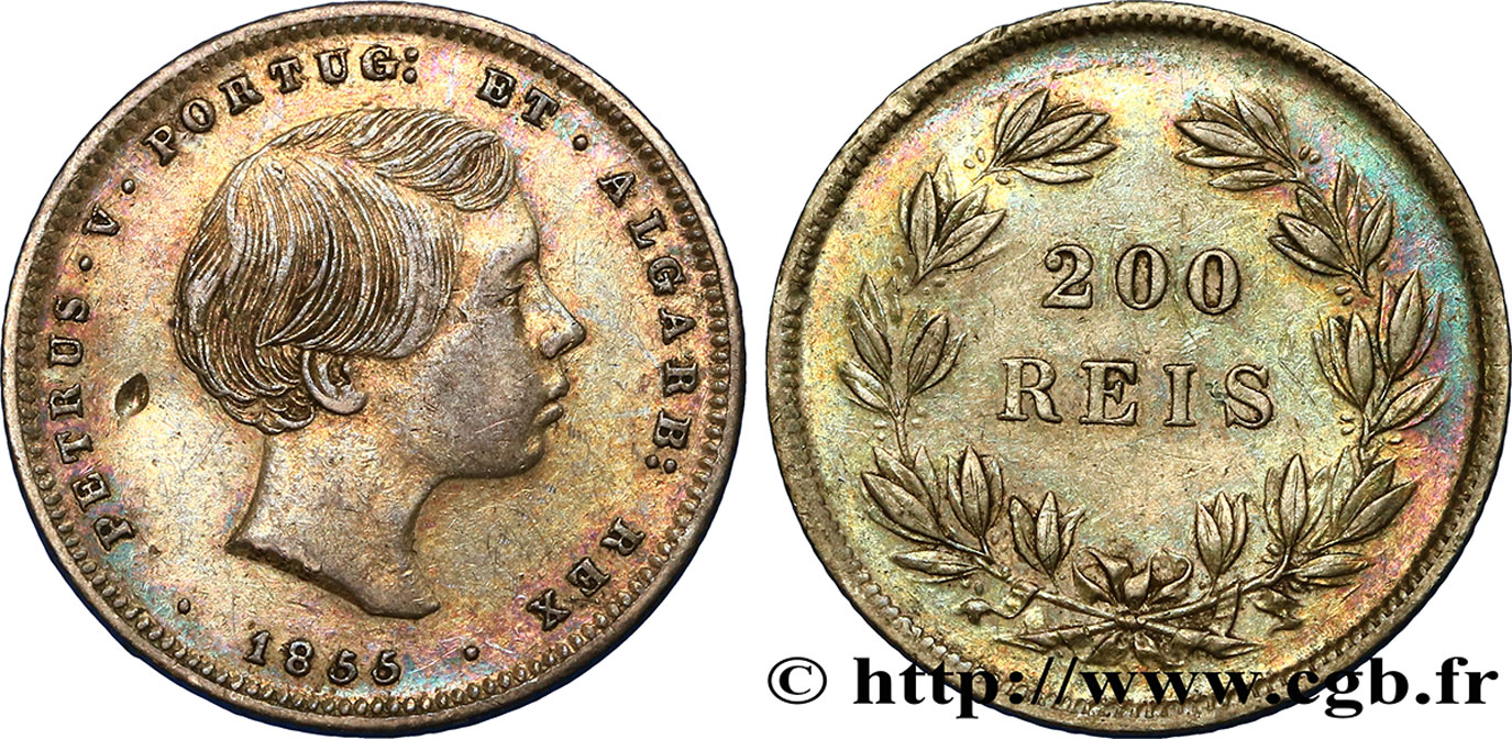 PORTUGAL 200 Reis Pierre V 1855  AU 