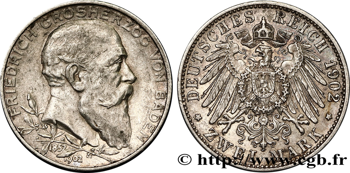 GERMANY - BADEN 2 Mark 50 ans de règne de Frédéric 1902 Karlsruhe AU 