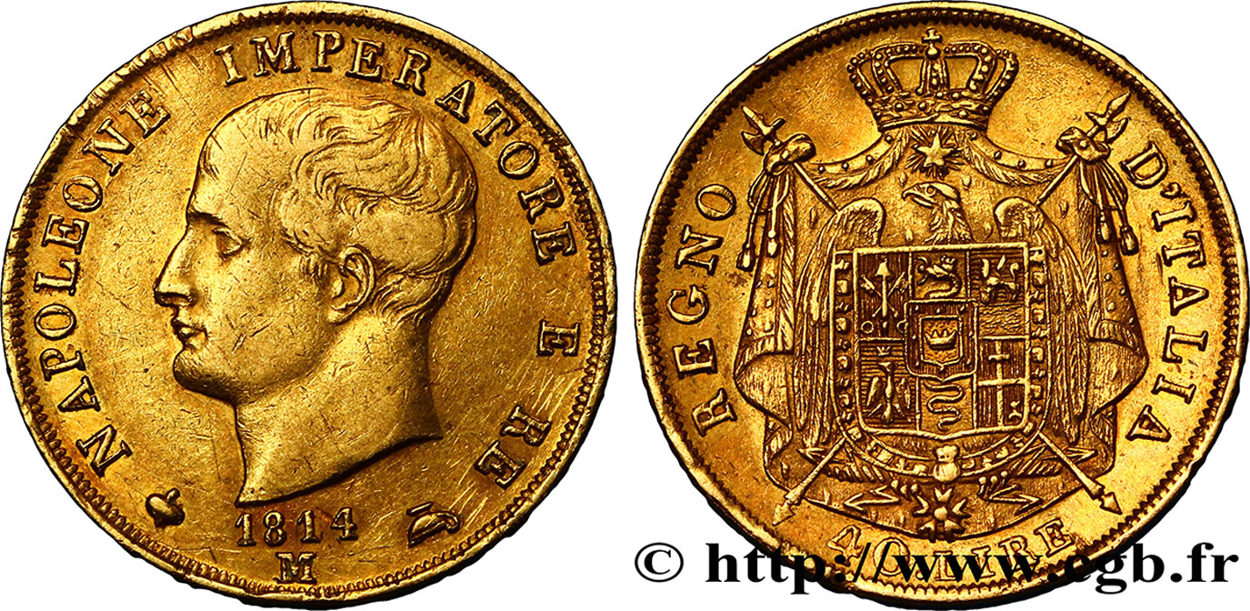 ITALY - KINGDOM OF ITALY - NAPOLEON I 40 Lire 1814 Milan XF/AU 