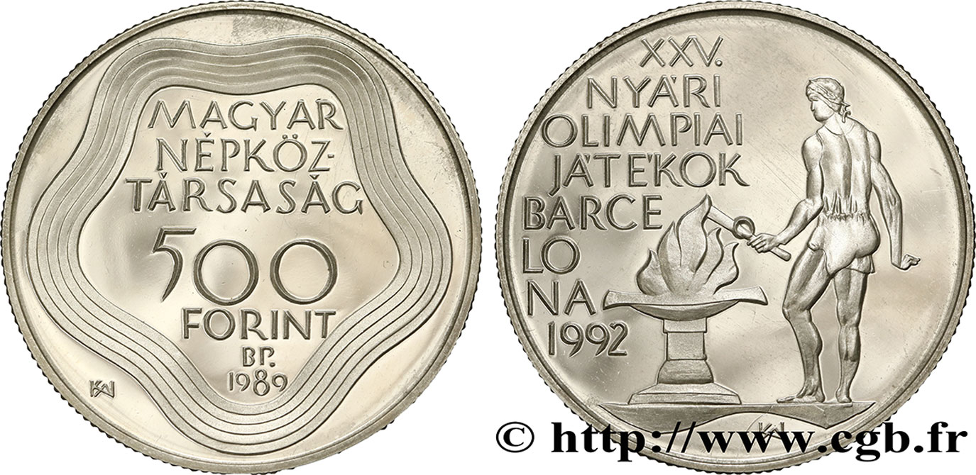 UNGHERIA 500 Forint Proof XXVe Jeux Olympiques de Barcelone 1992 / porteur de la flamme olympique 1989 Budapest MS 