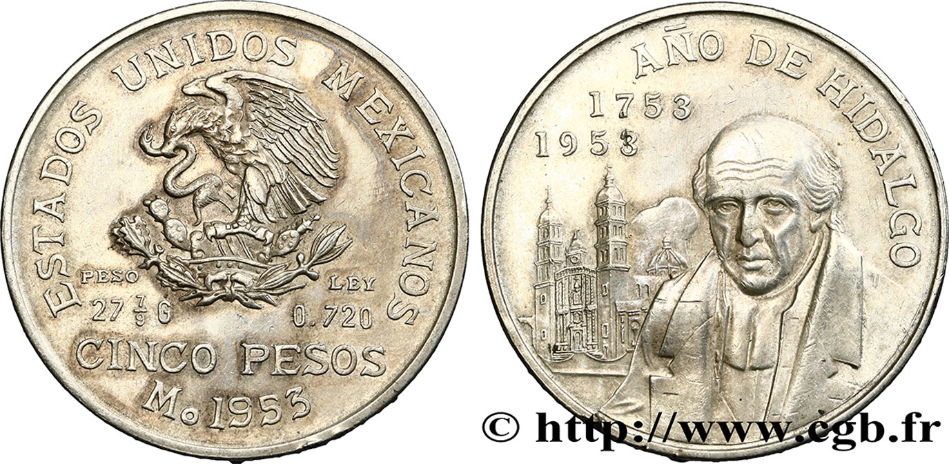 MESSICO 5 Pesos Bicentenaire de la naissance d’Hidalgo 1953 Mexico q.SPL 