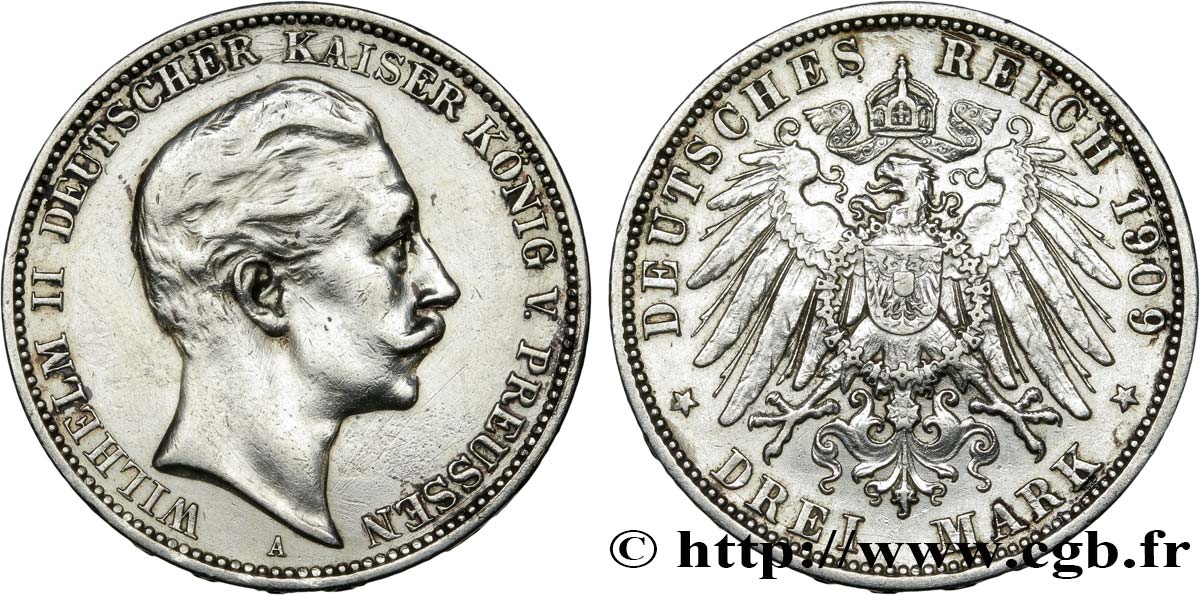 GERMANIA - PRUSSIA 3 Mark Guillaume II 1909 Berlin BB 