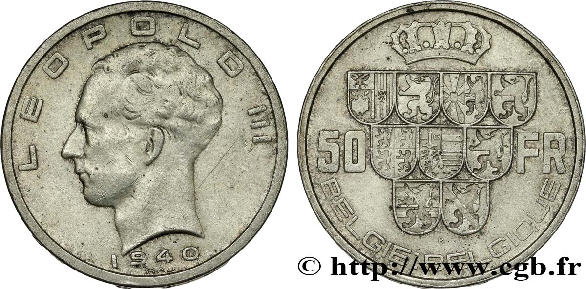 BÉLGICA 50 Francs Léopold III légende Belgie-Belgique tranche position B 1940  MBC+ 