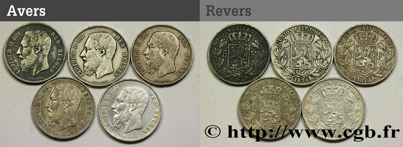 BELGIUM Lot de 5 monnaies de 5 Francs Léopold II 1867-1876  VF 