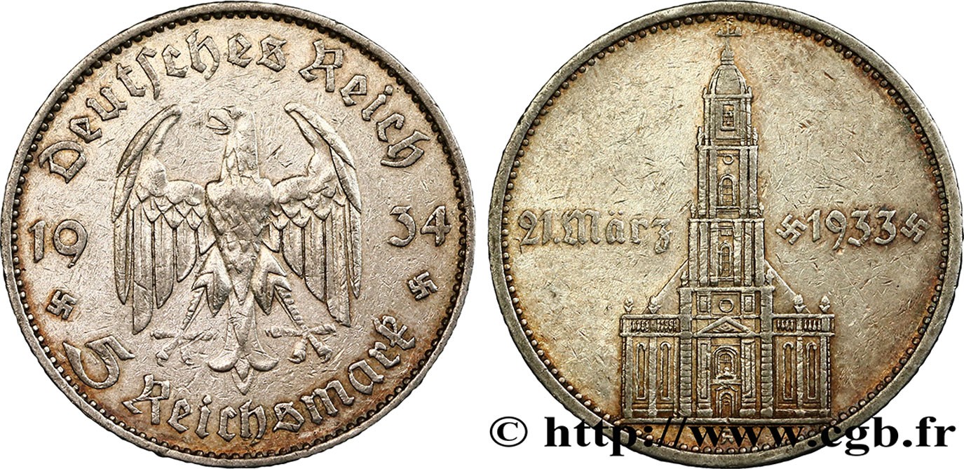 DEUTSCHLAND 5 Reichsmark église de la garnison de Potsdam 1934 Berlin SS 