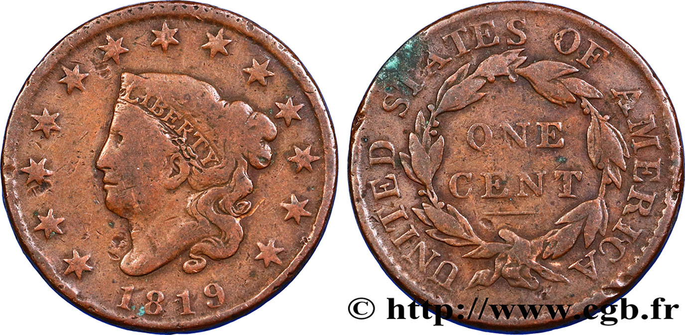 STATI UNITI D AMERICA 1 Cent “Matron Head” variété à petite date 1819 Philadelphie MB 