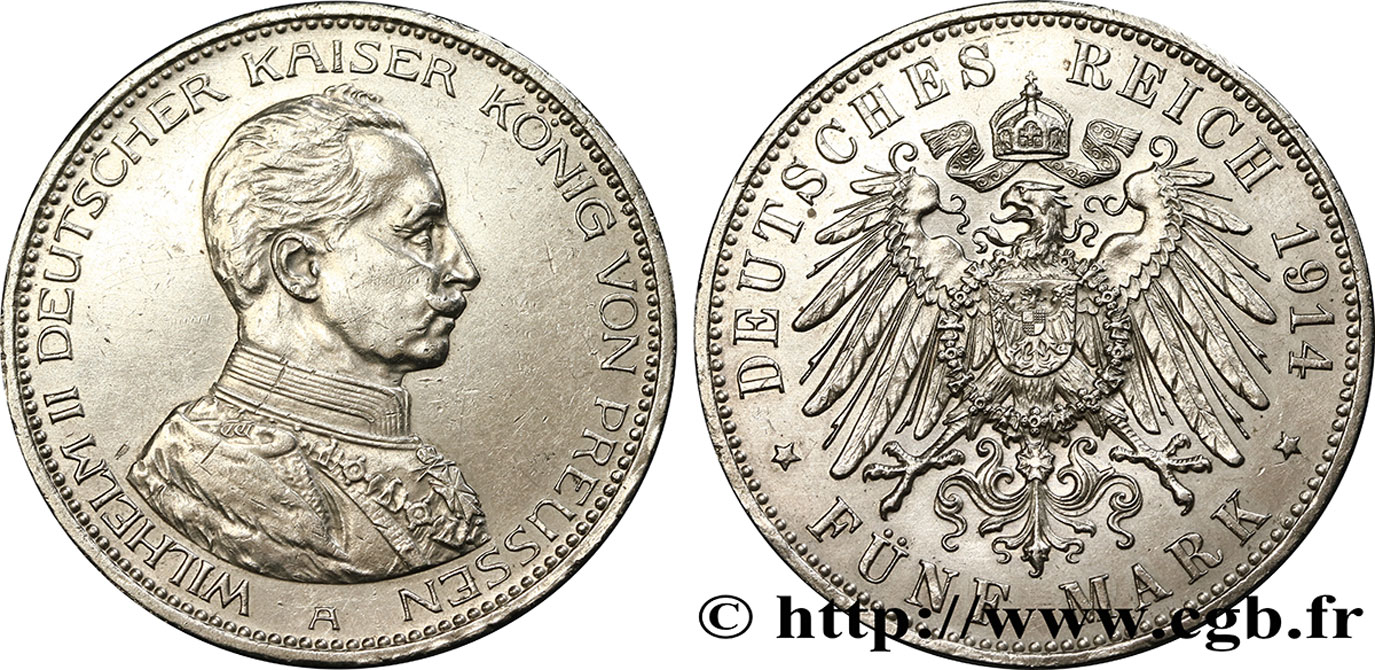GERMANY - PRUSSIA 5 Mark Guillaume II 1914 Berlin AU 