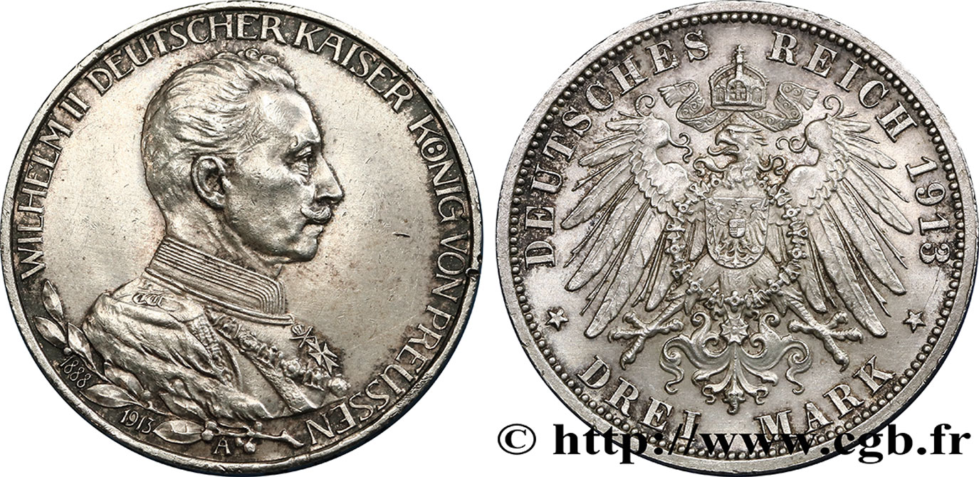GERMANIA - PRUSSIA 3 Mark 25e anniversaire de règne de Guillaume II 1913 Berlin SPL/MS 