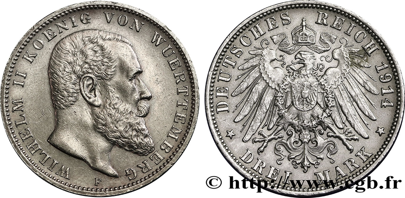 ALEMANIA - WURTEMBERG 3 Mark Guillaume II 1914 Stuttgart MBC+ 