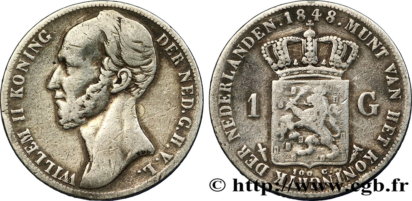 PAíSES BAJOS 1 Gulden Guillaume II 1848 Utrecht BC+ 