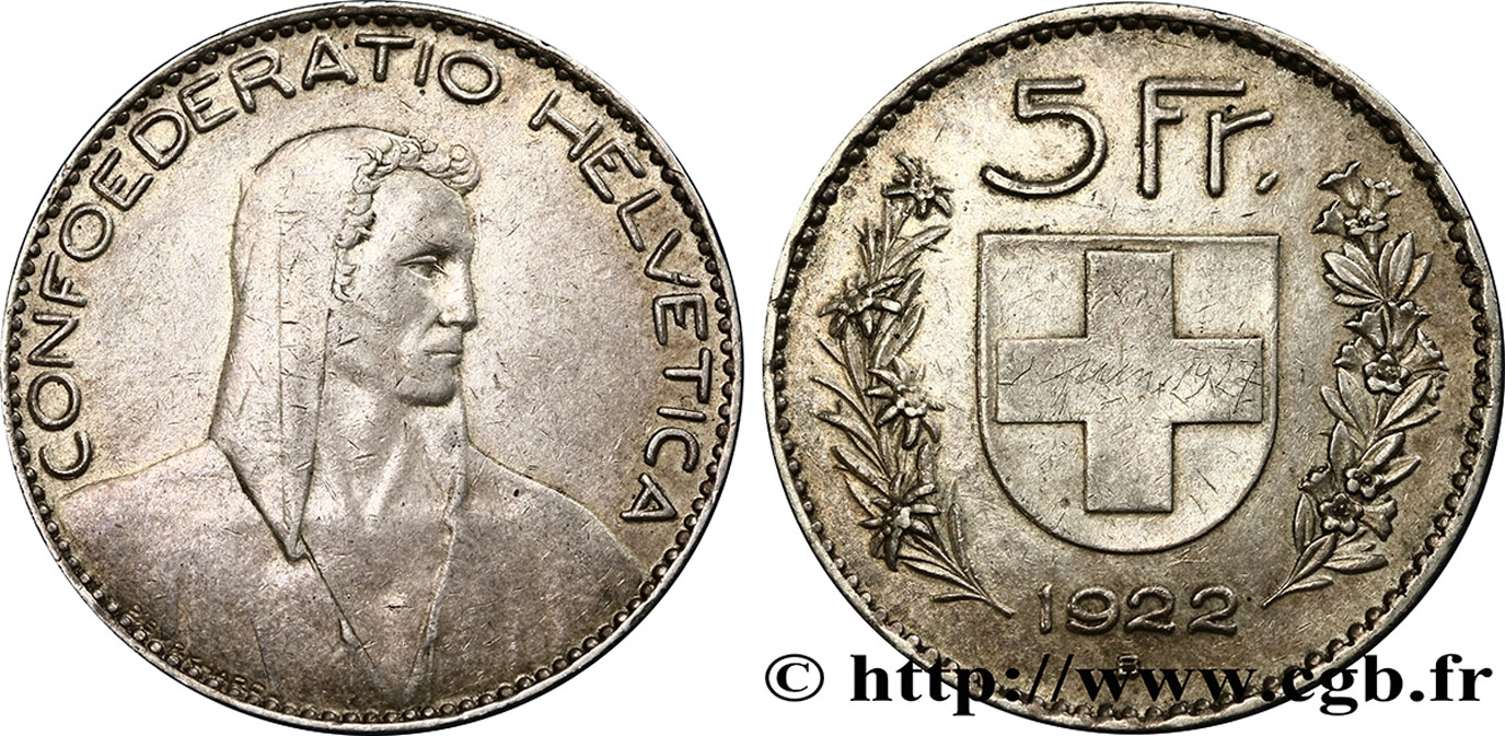 SWITZERLAND 5 Francs Berger 1922 Berne AU 
