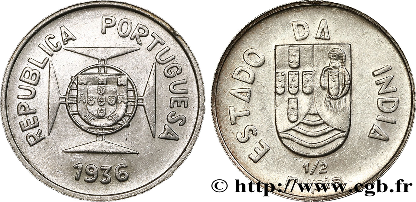 INDIA PORTOGHESE 1/2 Roupie République Portugaise 1936  SPL 