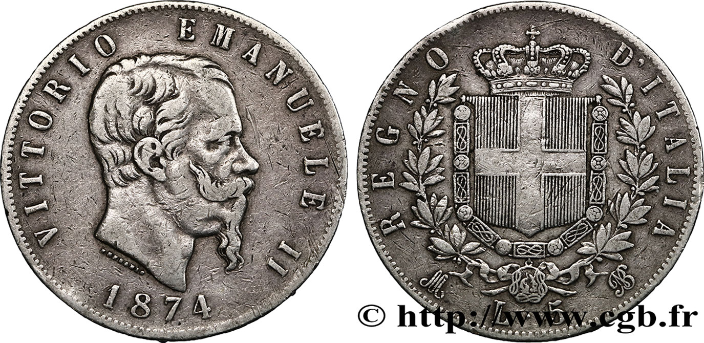 ITALY 5 Lire Victor Emmanuel II 1874 Milan VF 