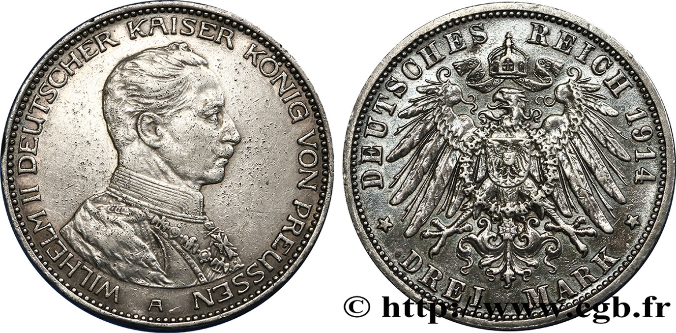 GERMANIA - PRUSSIA 3 Mark Guillaume II 1914 Berlin BB 