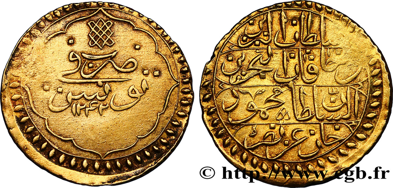 TUNISIA 1 Piastre au nom de Mahmud II an 1232 dorée 1817  BB 