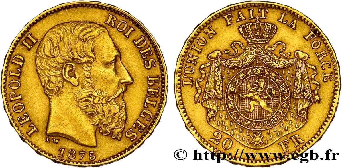 BELGIEN 20 Francs or Léopold II 1875 Bruxelles SS 