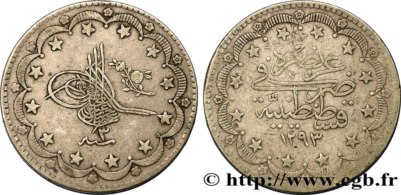 TURCHIA 20 Kurush au nom de Abdul Hamid II AH 1293 an 3 1878 Constantinople BB 