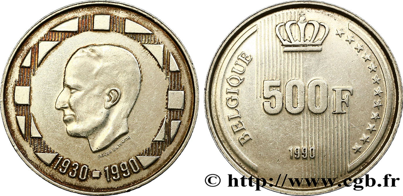 BELGIUM 500 Francs légende française 60e anniversaire du roi Baudouin 1990 Bruxelles AU 