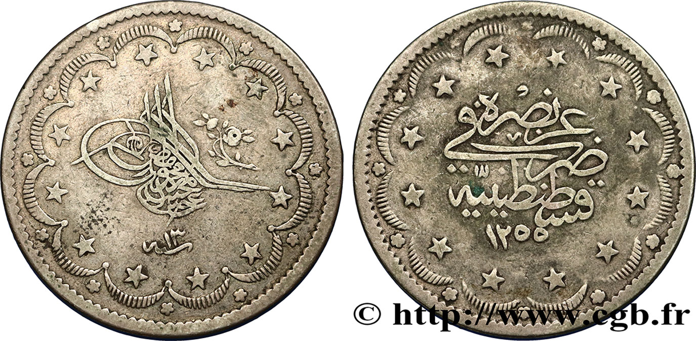 TÜRKEI 20 Kurush au nom de Abdul Mejid an AH1255 an 13 1851 Constantinople SS 