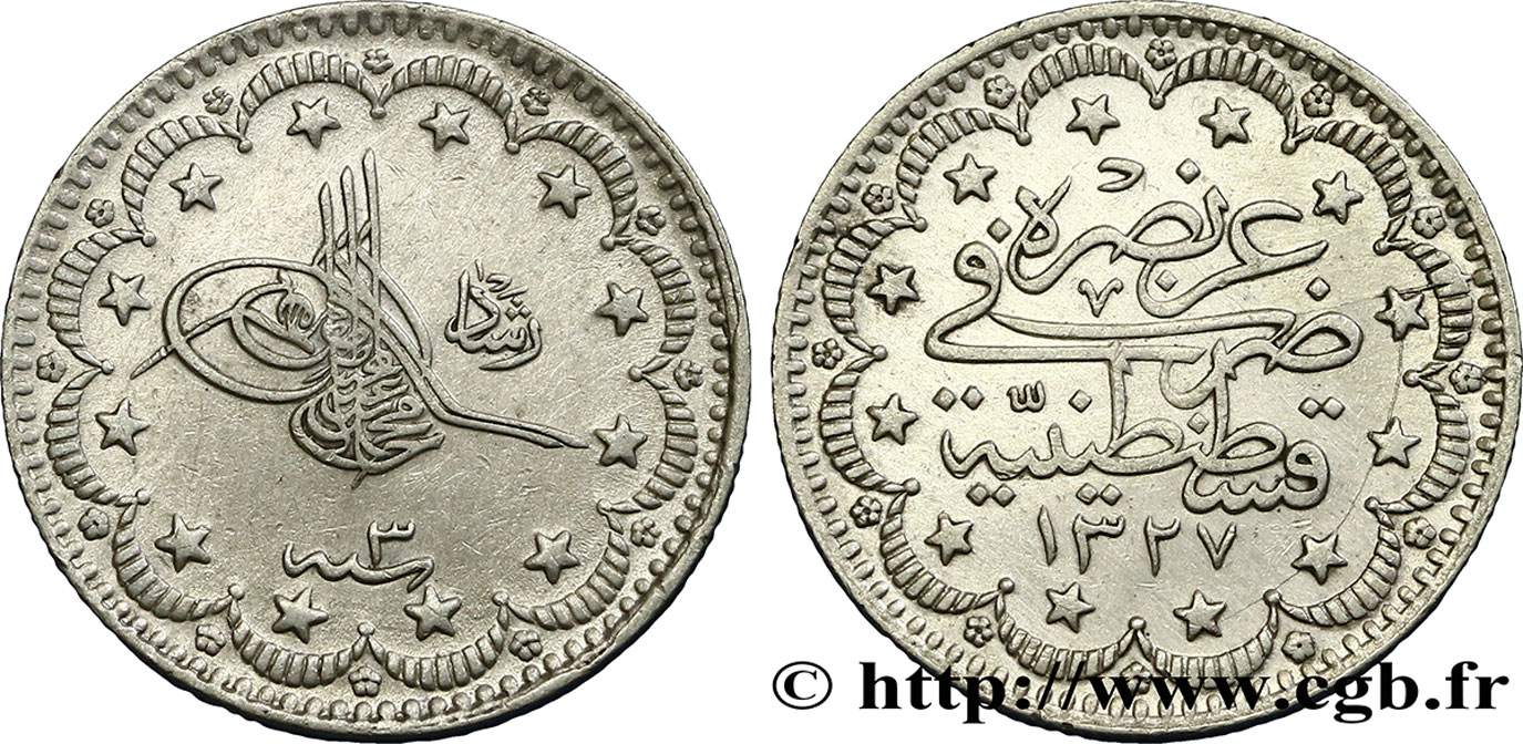 TURKEY 5 Kurush AH1327 an 3 1911 Constantinople AU 