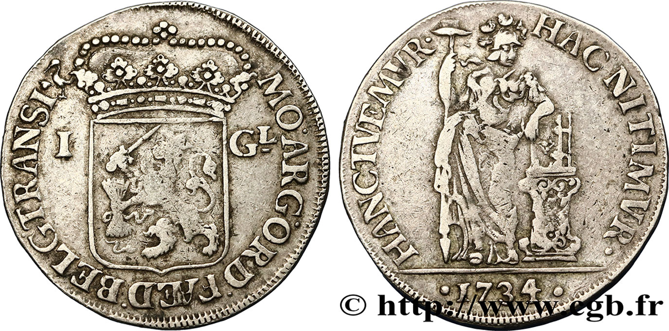 NETHERLANDS - UNITED PROVINCES 1 Gulden Overijssel 1734  VF 