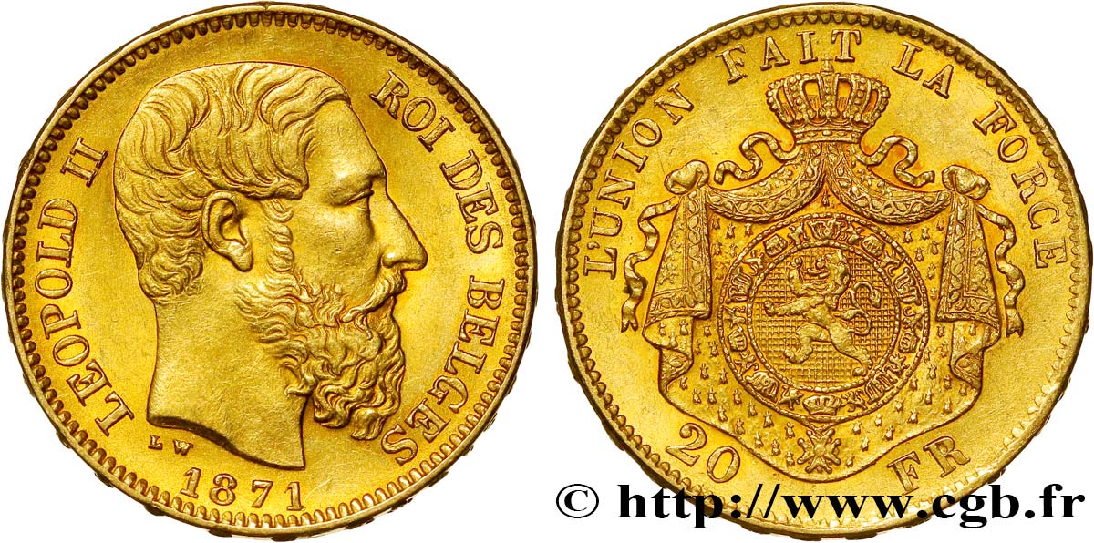 BELGIEN 20 Francs or Léopold II 1871 Bruxelles fVZ/VZ 