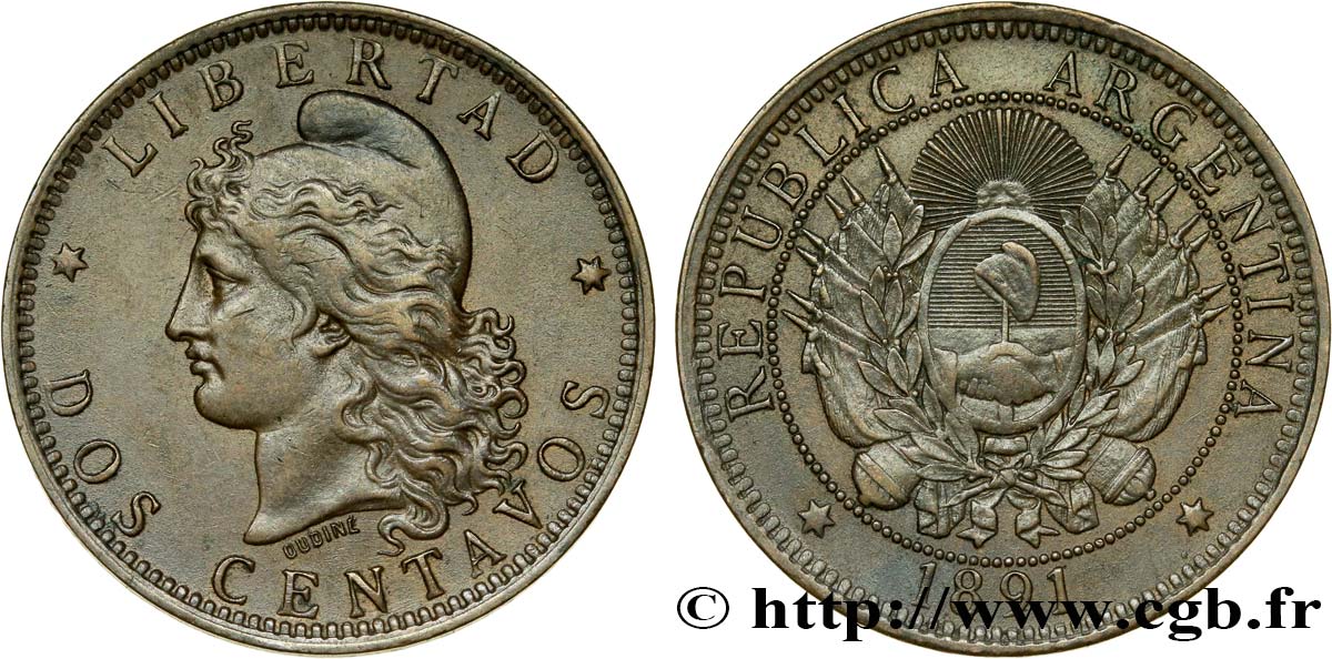 ARGENTINIEN 2 Centavos emblème / “Liberté” 1891  fVZ 