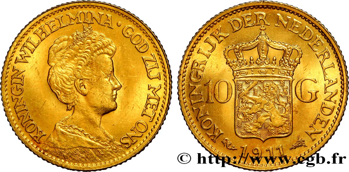 NIEDERLANDE 10 Gulden, 3e type Wilhelmina 1911 Utrecht fST 