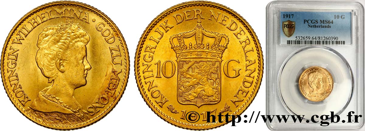 PAESI BASSI 10 Gulden, 3e type Wilhelmina 1917  MS64 PCGS