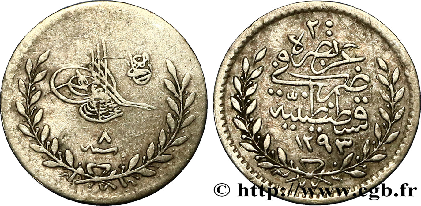 TURQUíA 20 Para au nom d’Abdul Hamid II AH1293 an 8 1873  MBC 
