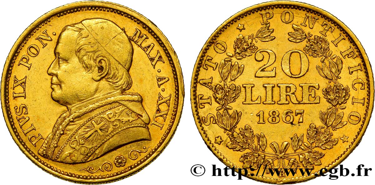 VATICANO Y ESTADOS PONTIFICIOS 20 Lire Pie IX anno XXI 1867 Rome MBC+ 