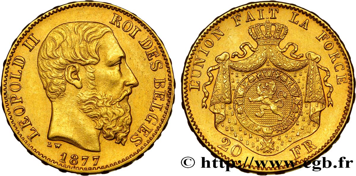 BÉLGICA 20 Francs Léopold II 1877 Bruxelles EBC 