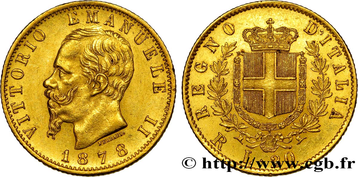 ITALY 20 Lire Victor Emmanuel II 1878 Rome AU/AU 