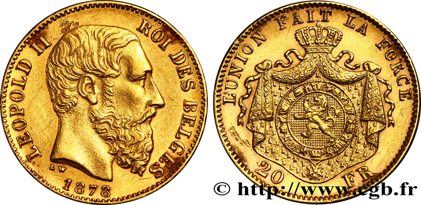 BELGIQUE 20 Francs or Léopold II 1878 Bruxelles TTB 