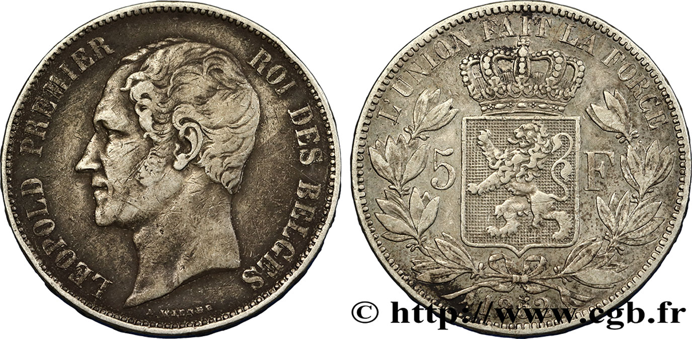 BELGIQUE 5 Francs Léopold Ier 1852 Bruxelles TB+ 