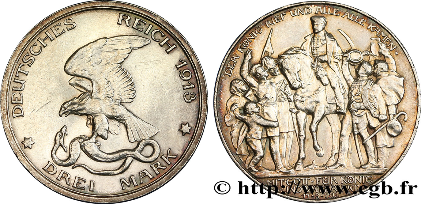 ALEMANIA - PRUSIA 3 Mark 100e anniversaire défaite de Napoléon 1913 Berlin EBC 
