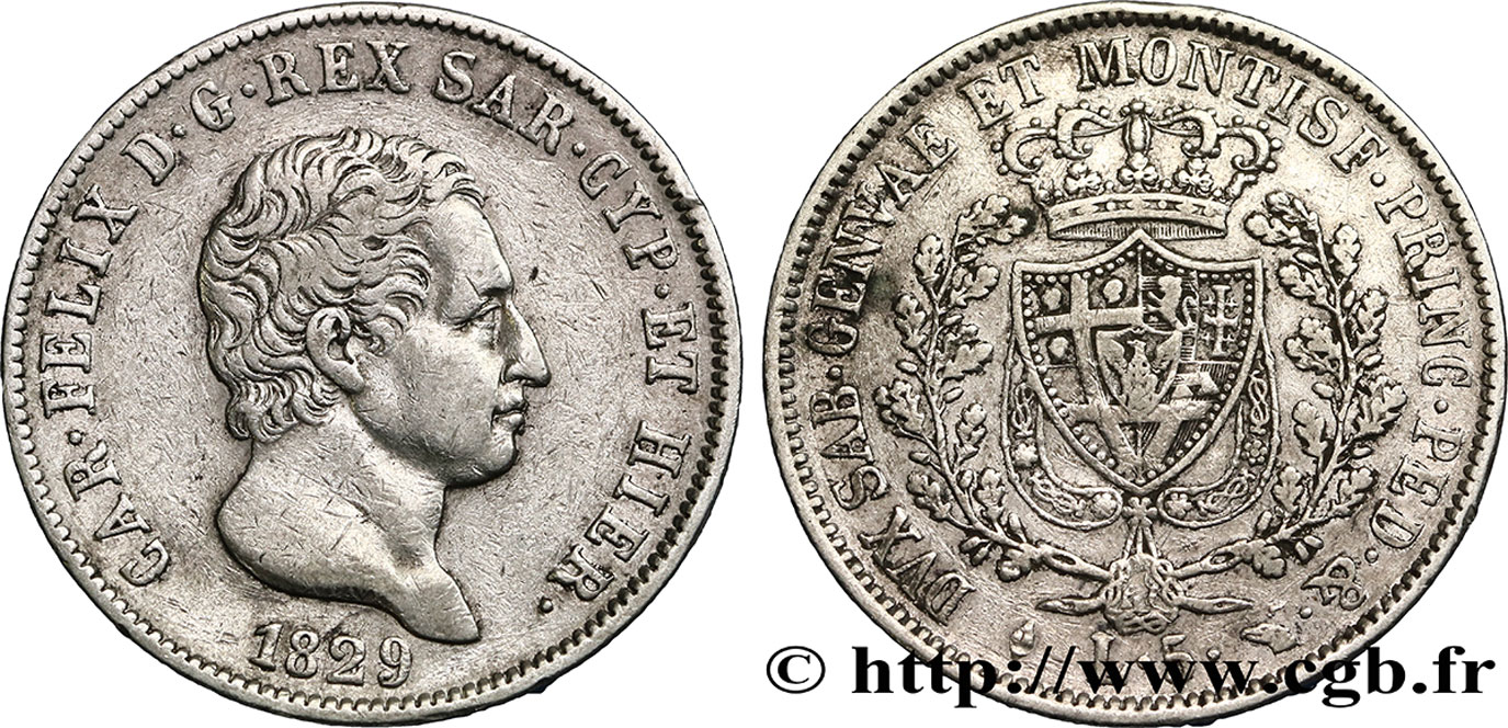 ITALY - KINGDOM OF SARDINIA 5 Lire Charles Félix 1829 Turin XF 