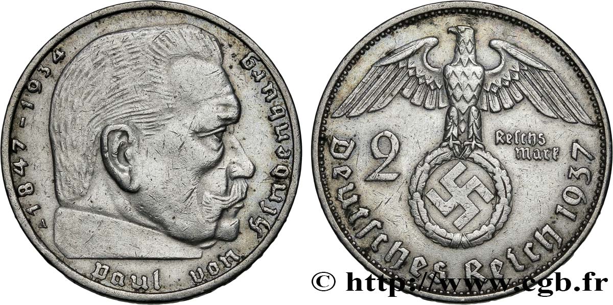 DEUTSCHLAND 2 Reichsmark Maréchal Paul von Hindenburg 1937 Berlin SS 