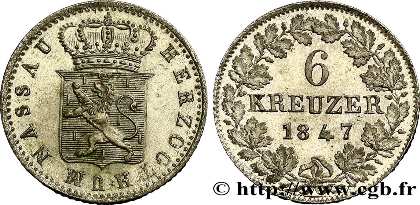 GERMANY - NASSAU 6 Kreuzer 1847  MS 