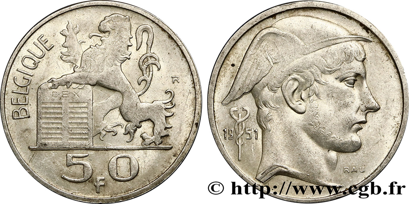 BELGIQUE 50 Francs lion posé sur les tables de la loi / Mercure légende française 1951  TTB+ 