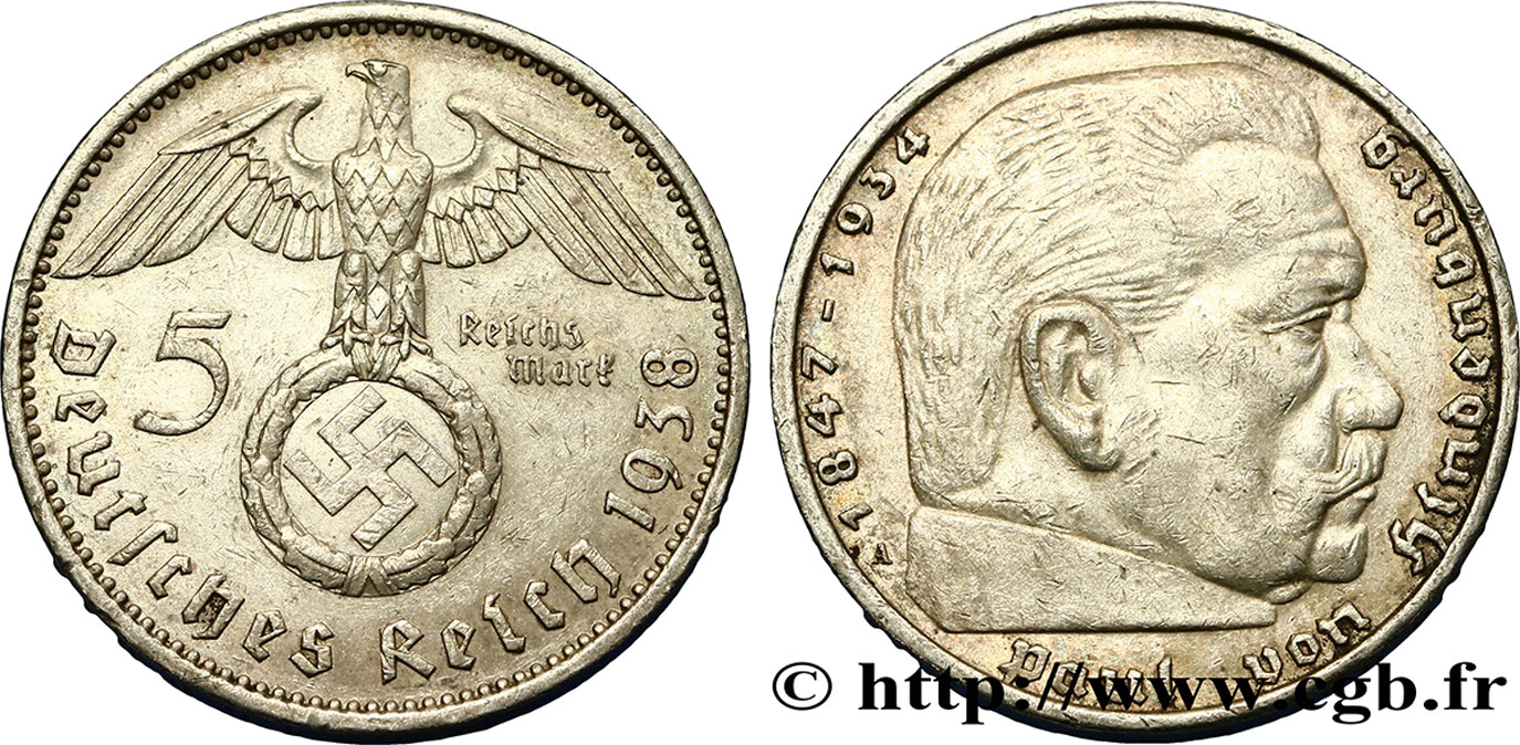 GERMANY 5 Reichsmark aigle surmontant une swastika / Maréchal Paul von Hindenburg 1938 Berlin AU 
